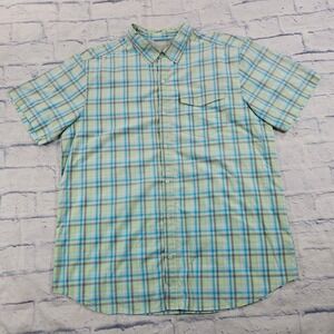 Columbia Button Up Shirt MENS XL Blue Green Plaid Short Sleeve Hiking Outdoor